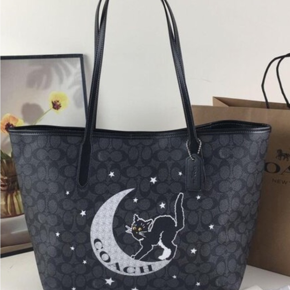 COACH City Tote in Signature Canvas with Halloween Cat & Moon Print